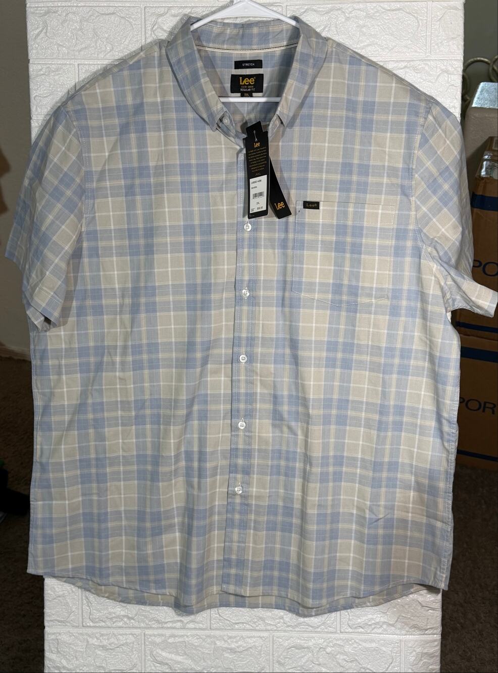 Lee Men’s XXL Blue Gray Plaid Stretch Short-Sleeve Button-Up Shirt NWT
